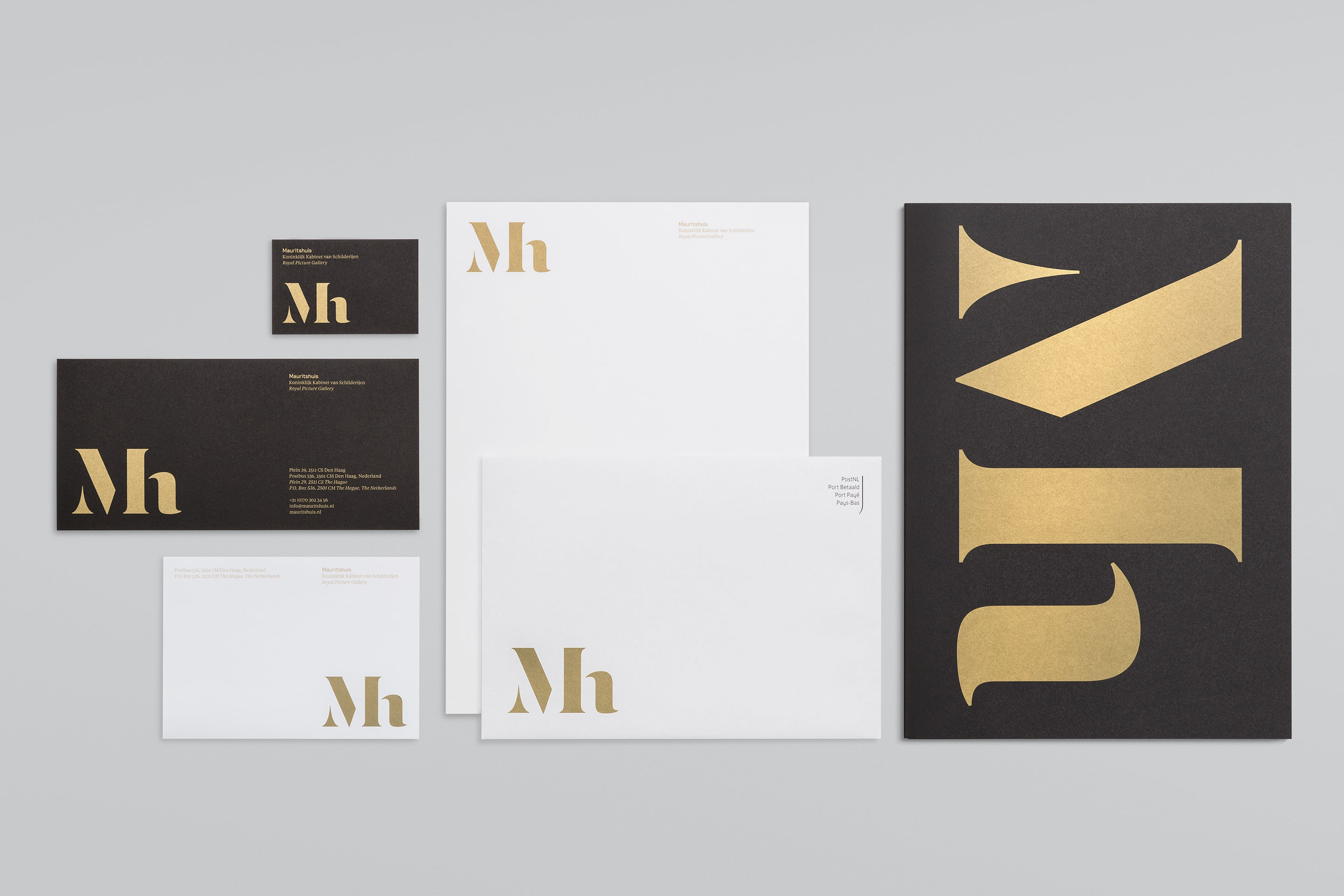 studio dumbar design visual brand identity for Mauritshuis Royal Picture Gallery stationer design monogram logo design