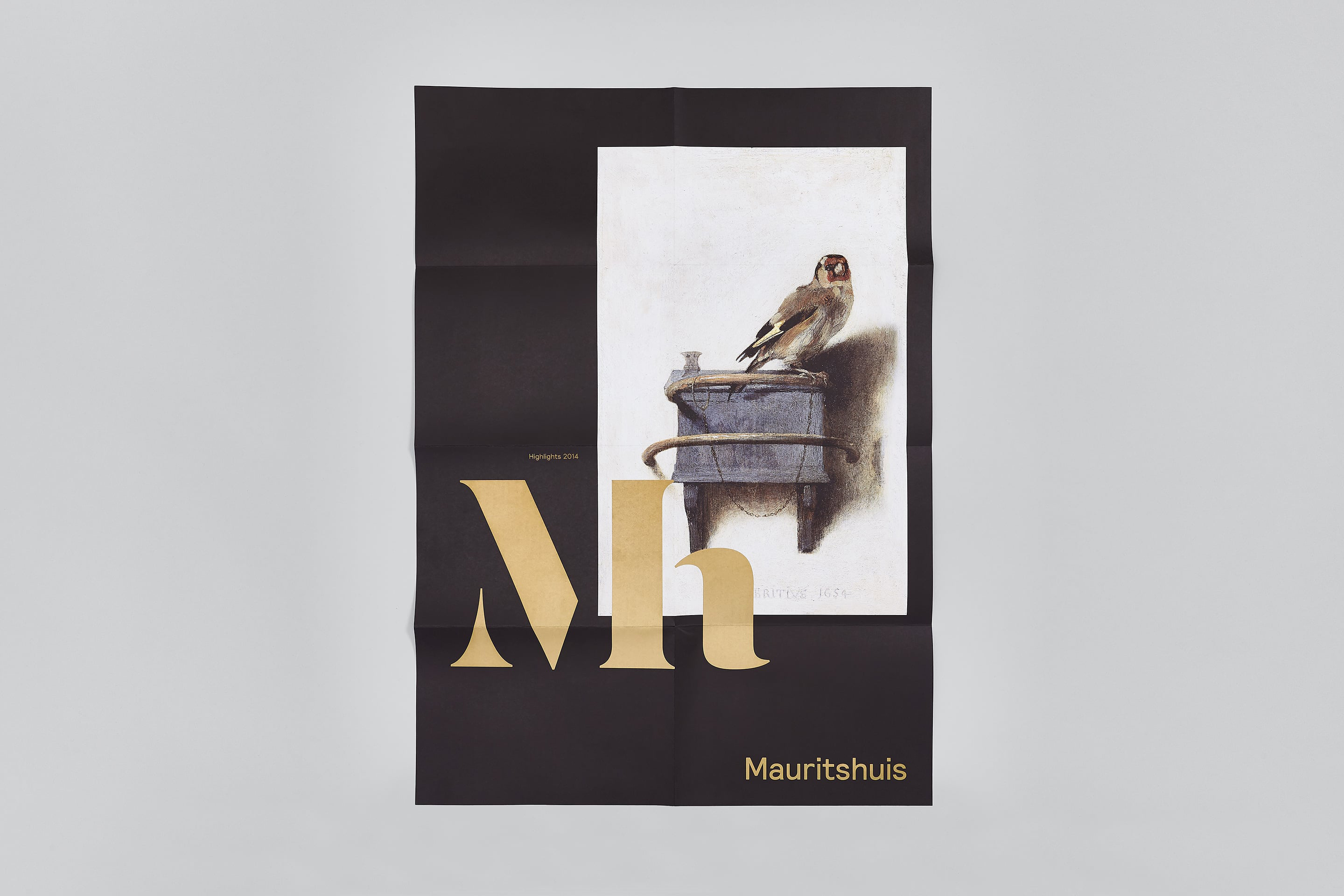 studio dumbar design visual brand identity for Mauritshuis Royal Picture Gallery poster design the gold finch monogram logo design