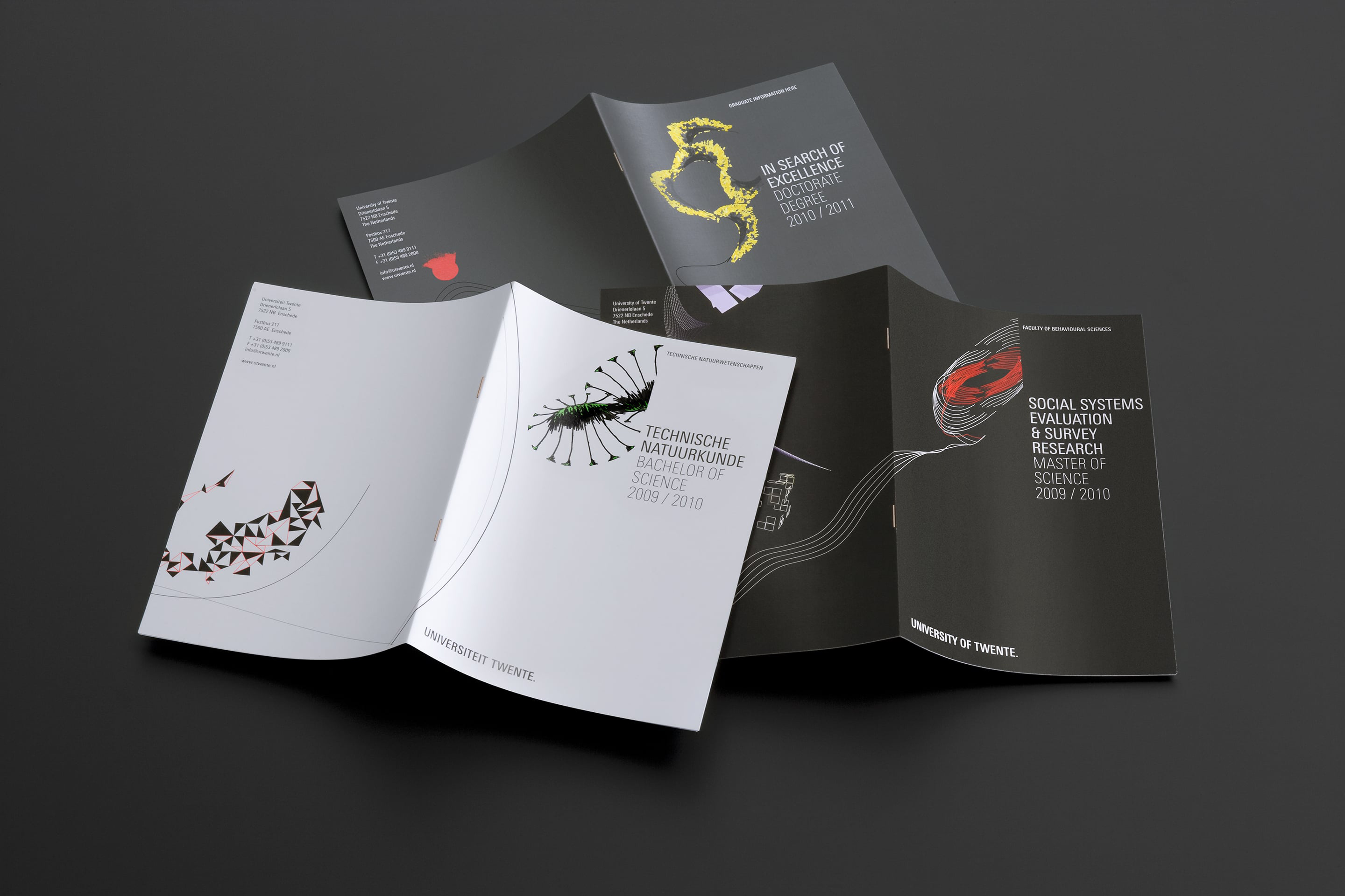 studio dumbar design visual brand identity for University of Twente masters batchelors and phd brochure design with universe